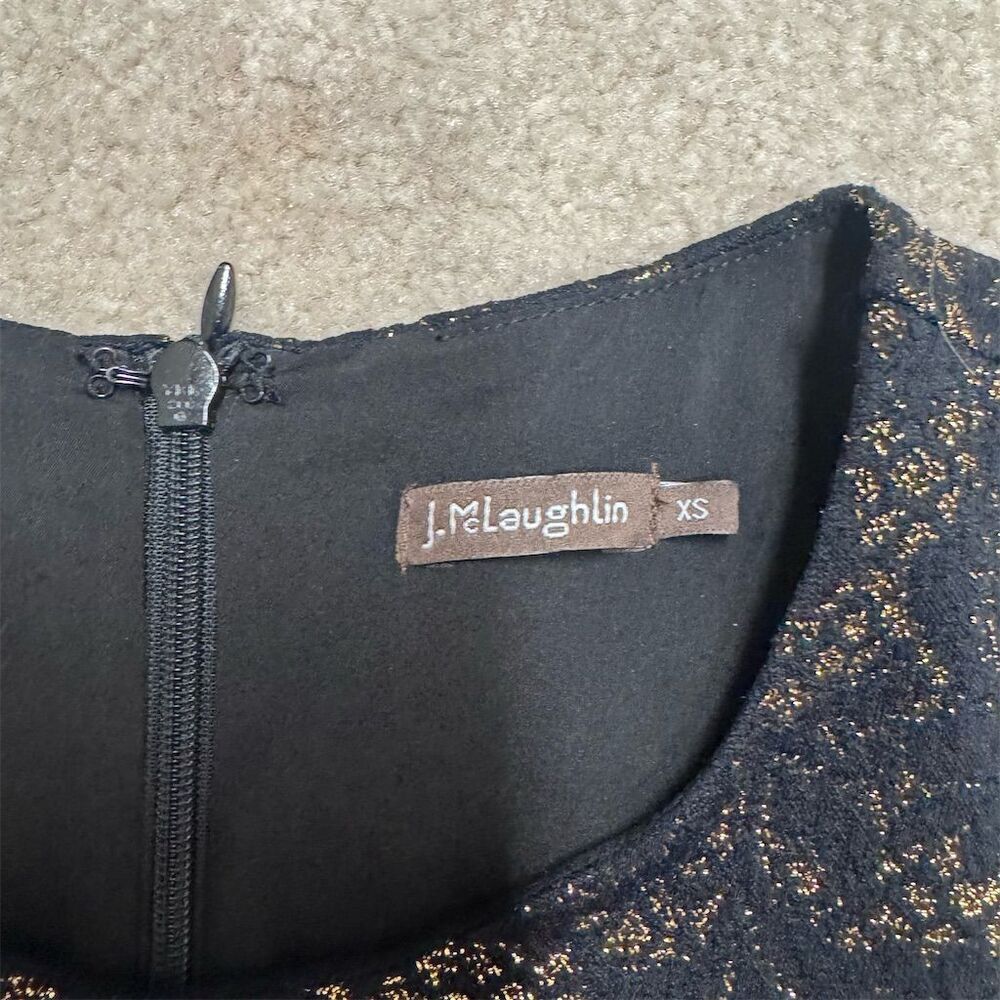 EUC J. McLaughlin XS Black Gold Metallic Pattern Fit & Flare Dress - Picture 3 of 5